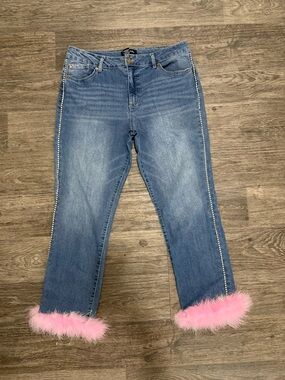 d. jeans Blue Straight-Leg Jeans with Pink Feather Cuffs